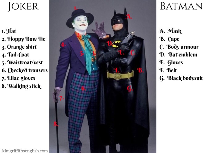Costumes vocaulary for Batman and the Joker, kimgriffiths englsih.com