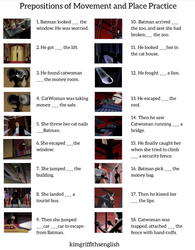 prepositions of place and movement gapfill with batman and catwoman story