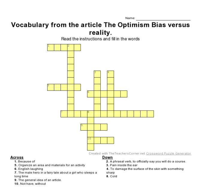 Vocabulary Crossword for article The Optimism Bias versus reality, KimGriffithsEnglish
