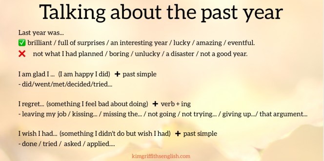 Talking about the past year expressions and grammar. Looking back and forwards, blog article for learners of English. KimGriffithsEnglish.com