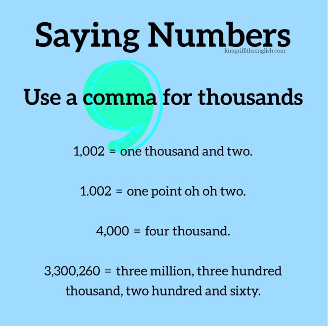 Use a comma for thousands. English numbers article for English learners. KimGriffithsEnglish.com