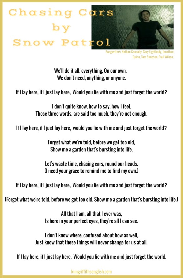 Lyrics to Snow Patrol's Chasing cars, from the article Talking about snow and ice, on the web page kimgriffithsenglish.com, the blog to learn and practice English ESL