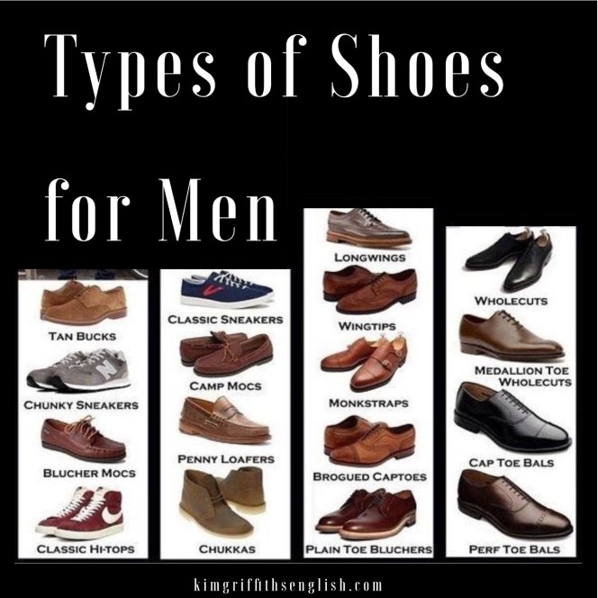 Types of men's shoes from the article If the shoe fits, kimgriffithsenglish.com. The webpage to Improve and practice your English