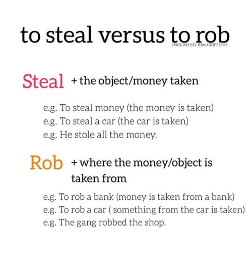 Steal versus rob. Tricky words. From the blog Do you know why these 8 words are tricky, on www.kimgriffithsenglish.com the blog to learn and improve your English.