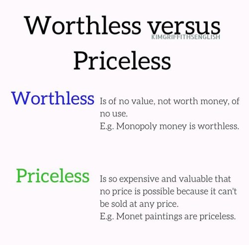 Worthless versus priceless.. Tricky words. From the blog Do you know why these 8 words are tricky, on www.kimgriffithsenglish.com the blog to learn and improve your English.