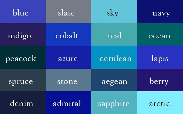 Blue colour names from Ingrid Sundberg. https://blog.dashburst.com/pic/color-thesaurus-ingrid-sundberg/