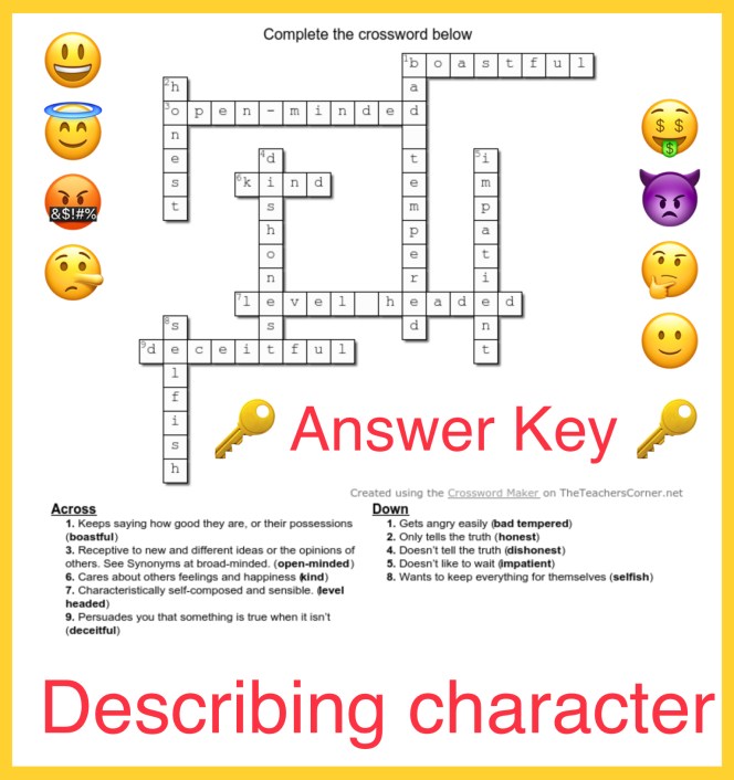 The answers to the crossword - How to describe character. From Kim griffiths English, the blog which teaches English as a second Language.